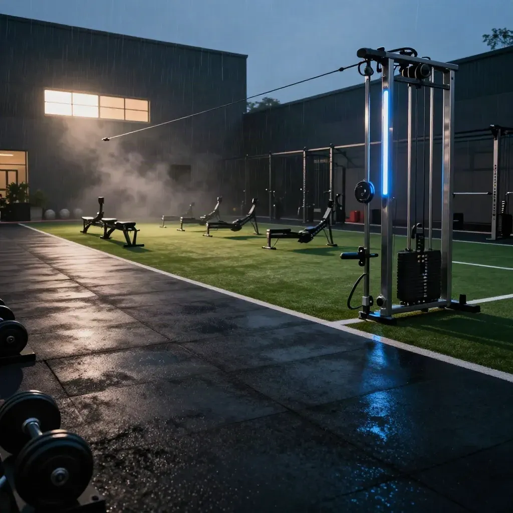 Bilik gym kosong dengan laluan sprint, dumbbell, mesin kabel dan cahaya biru monsun.