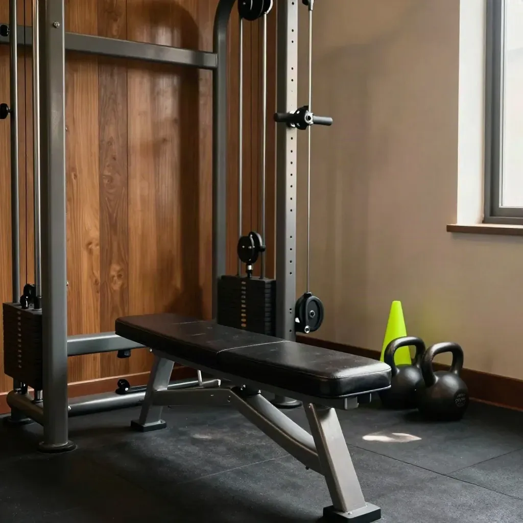 Sudut latihan peribadi dengan bangku boleh laras, menara kabel, kettlebell dan kon limau neon.