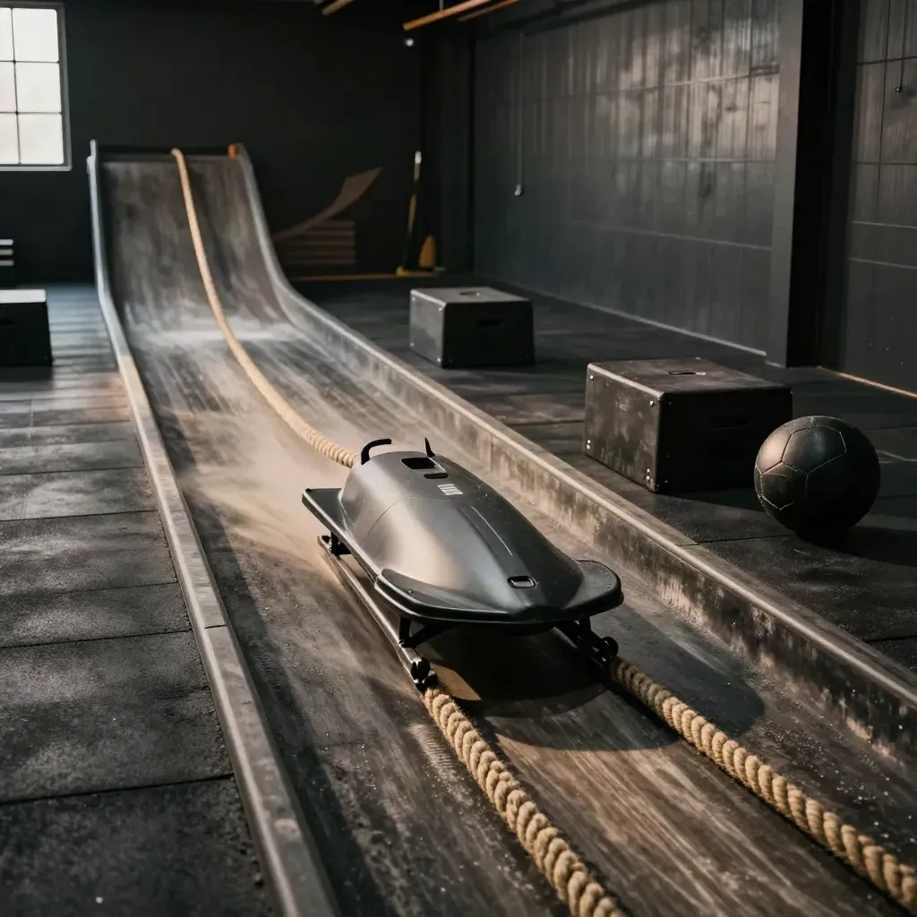 Lorong sled dengan kotak plyo, tali battle rope dan bola perubatan di gim gelap.