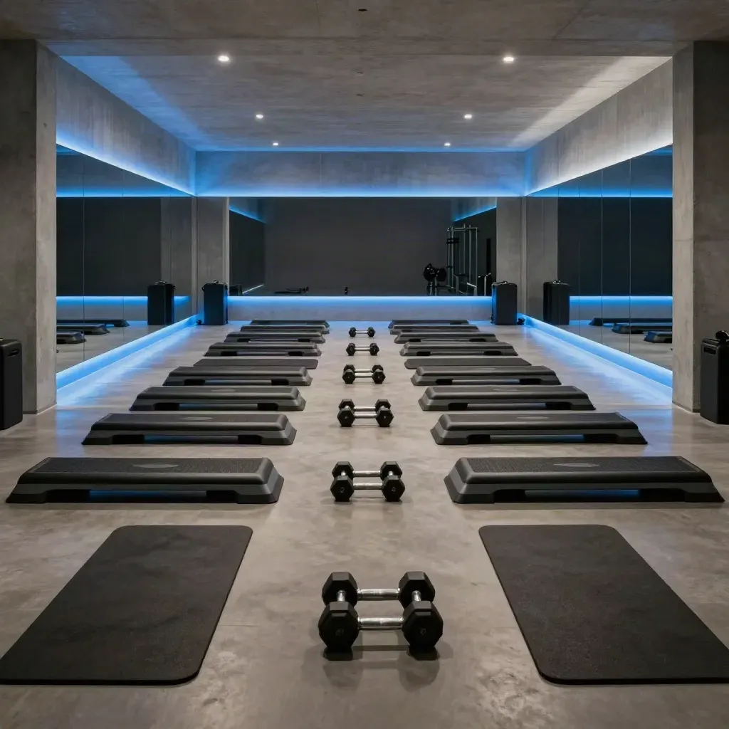 Studio kumpulan tersusun dengan tikar, step platform dan dumbbell dalam baris simetri.
