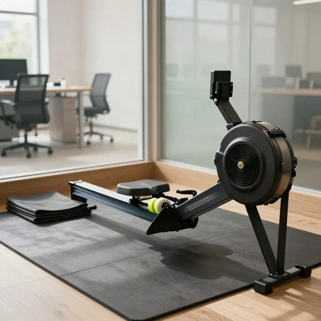 Nok kesihatan pejabat dengan mesin rowing, tikar lipat dan foam roller di ruang cerah.