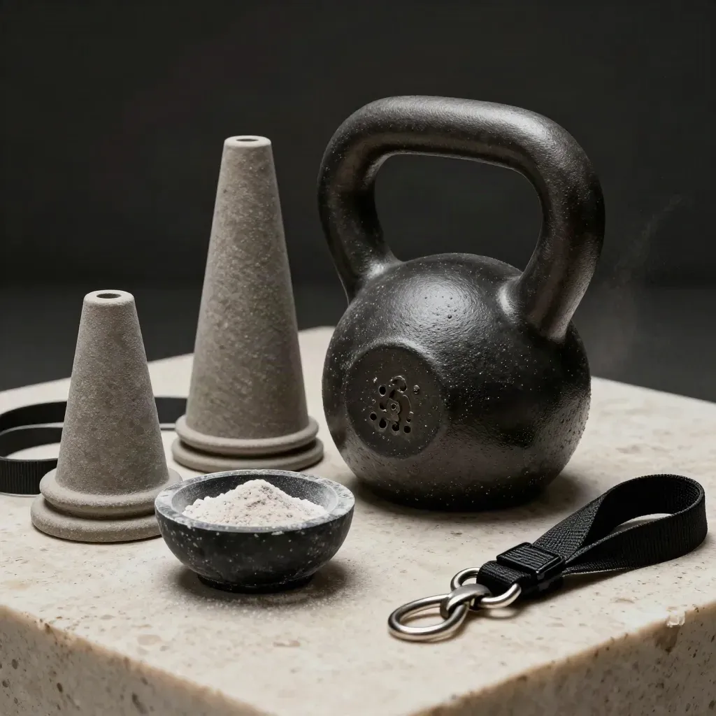 Set alatan jurulatih di atas travertine: kettlebell, kon agiliti, band rintangan, kapur dan lanyard.