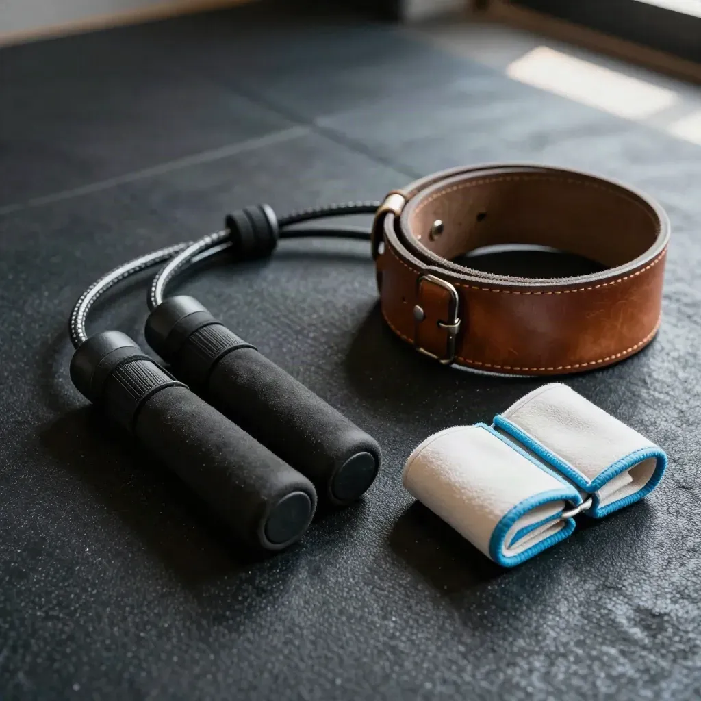 Kit latihan peribadi di atas tikar getah: tali lompat, strap buku lali, tali pinggang, dan balutan pergelangan.