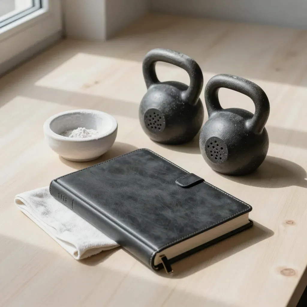 Log latihan tertutup, mangkuk kapur dan dua kettlebell di atas kayu cerah.
