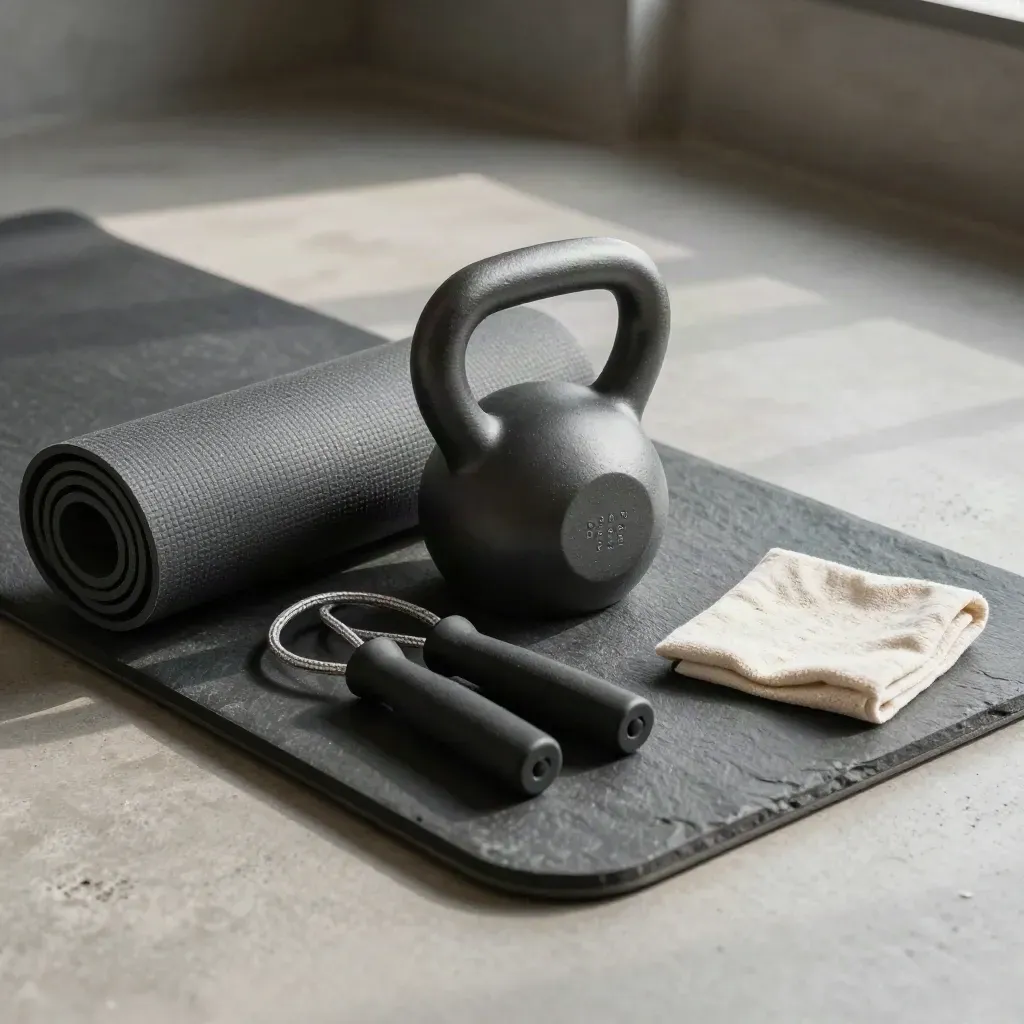 Susunan mat latihan, kettlebell dan tali lompat di atas dulang batu gelap.