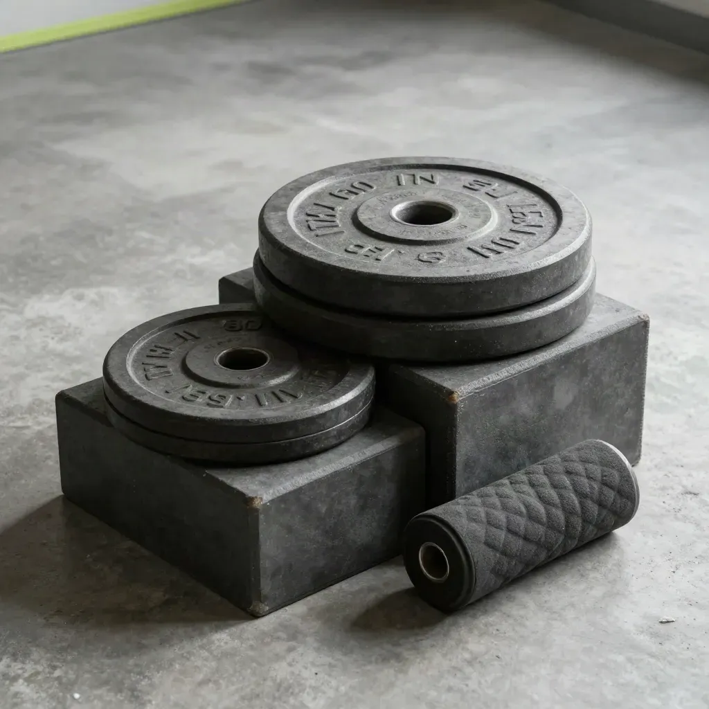 Flatlay atas konkrit: plat berat bertingkat, foam roller dan step box untuk semak kemajuan.