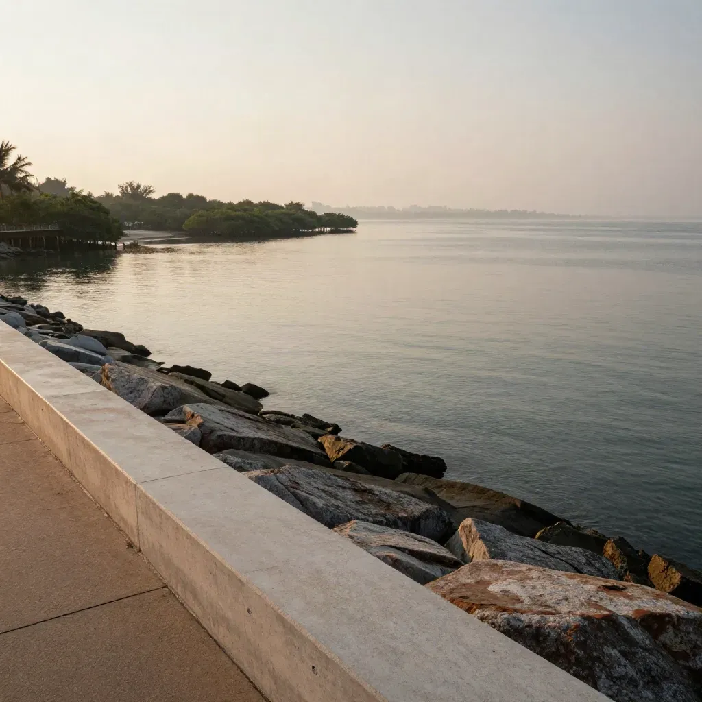 Pemandangan pesisir Johor Selatan dari tempat tinggi ketika matahari terbit berkabus