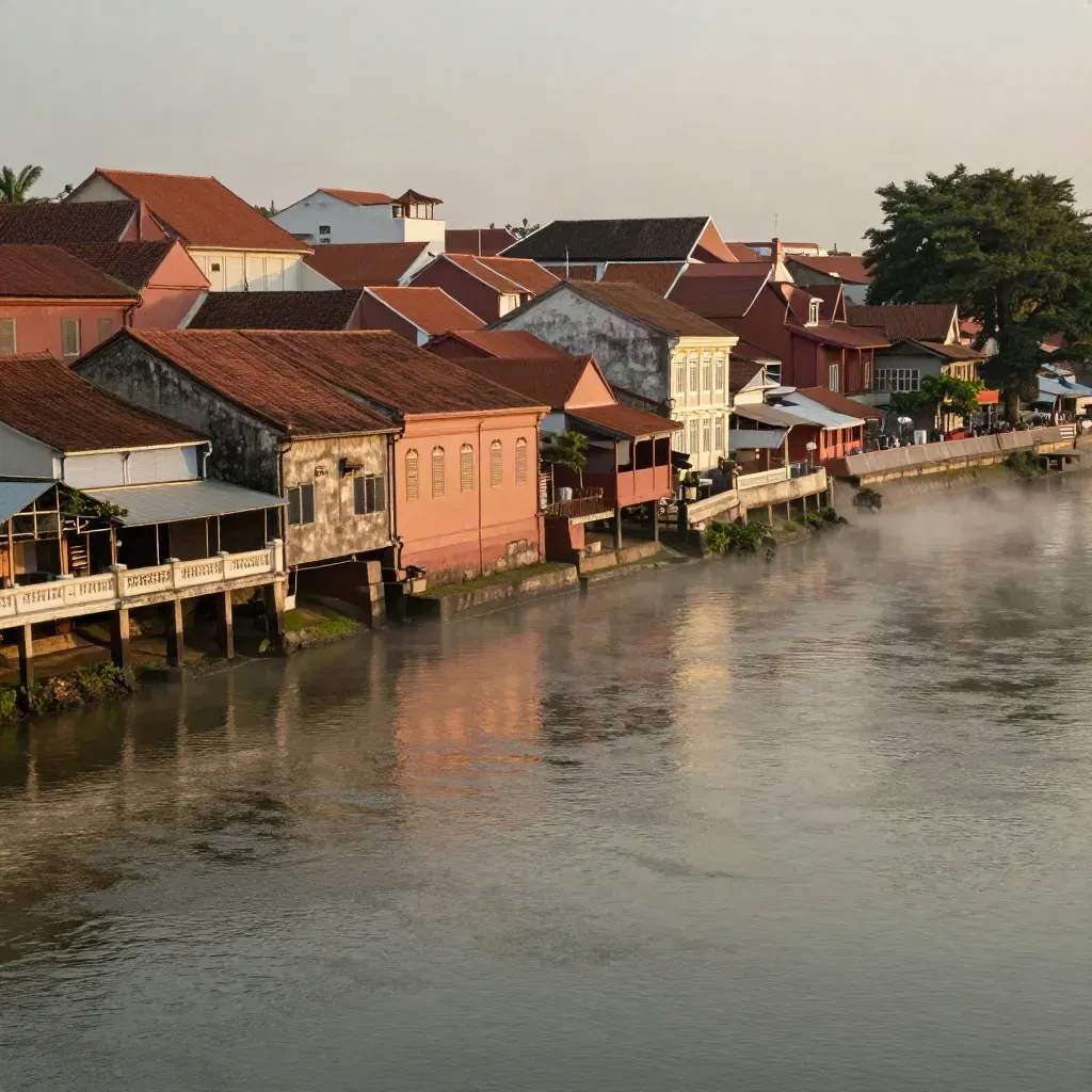 Lengkung Sungai Melaka dengan bumbung terakota dan kabus emas waktu senja.