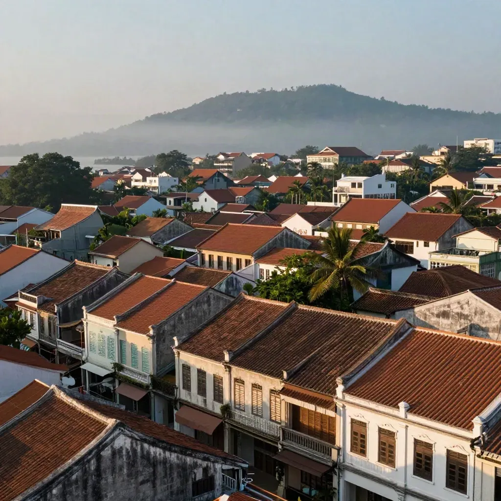 Bumbung lama George Town dan Bukit Penang diselubungi jerebu petang, panorama tenang Pulau Pinang.