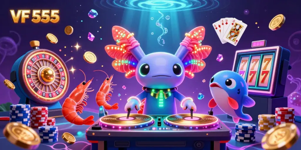 Experience the excitement of VF 555 with a vibrant underwater casino scene featuring a neon axolotl DJ and thrilling game elements.