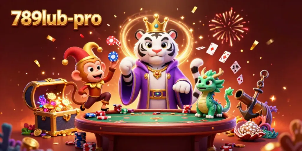Win big with the lively scene of 789lub-pro, featuring 3D characters and casino-themed elements.