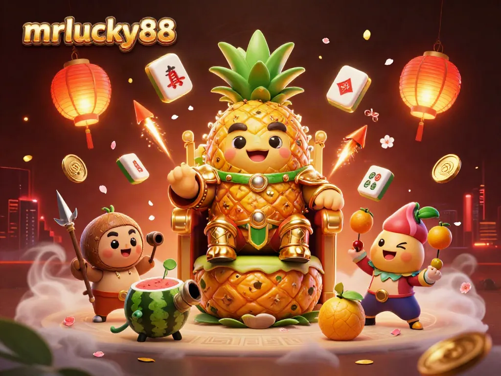 Experience exciting gameplay with mrlucky88's stunning 3D illustration featuring a golden pineapple king and dynamic casino elements.