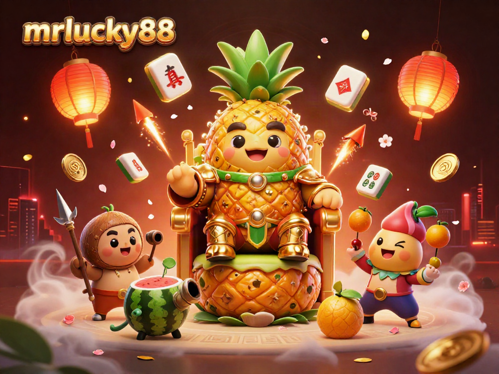 Experience exciting gameplay with mrlucky88's stunning 3D illustration featuring a golden pineapple king and dynamic casino elements.