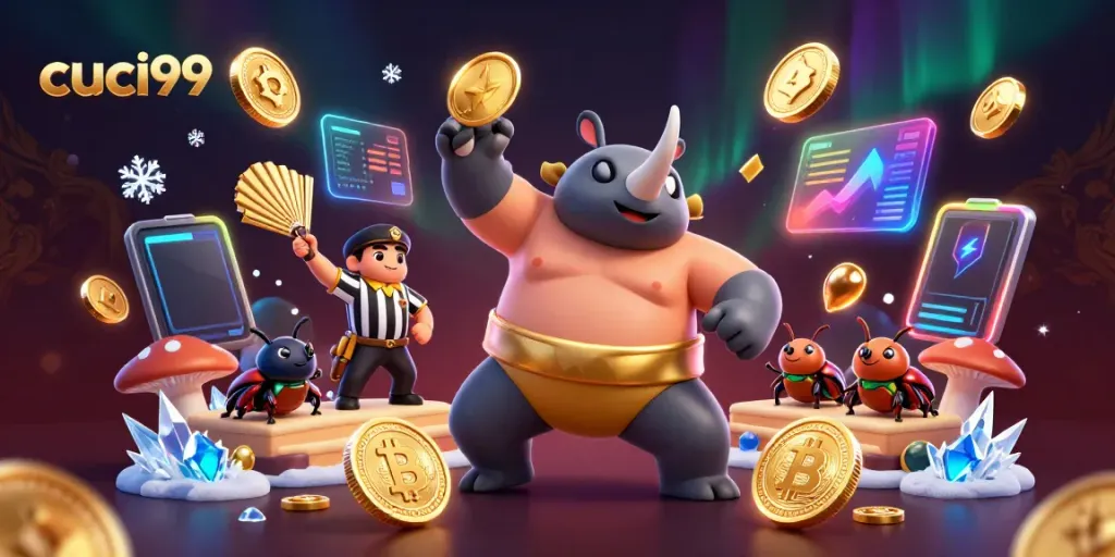 Experience the thrilling energy of cuci99 with a vibrant casino scene featuring a powerful beetle champion.