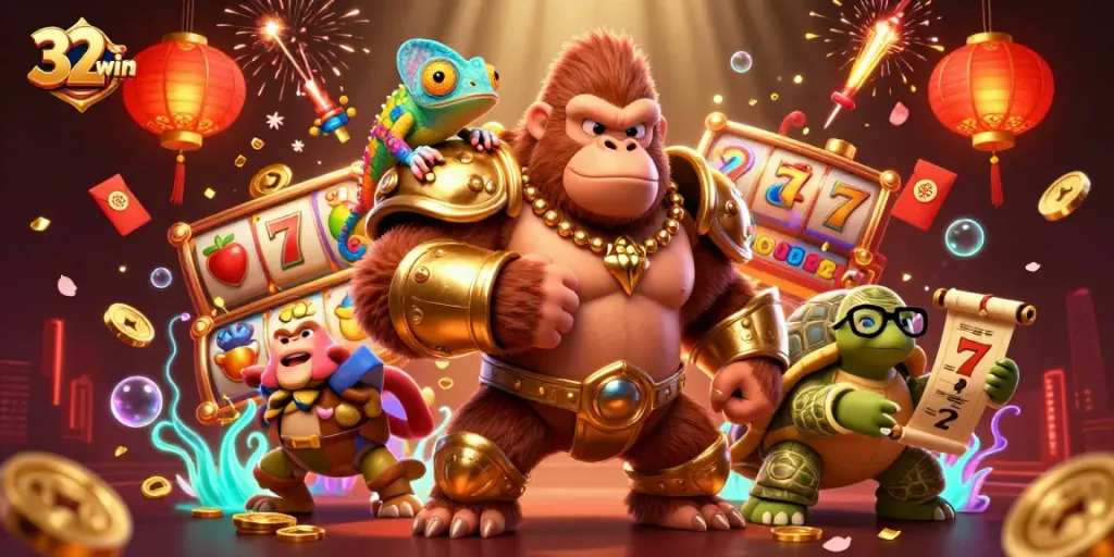 Join the vibrant world of 32win with colorful slot reels and characters depicting the thrill of winning.
