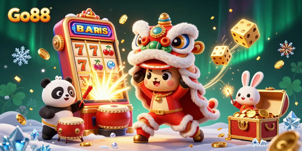 Spin to win at Go88 with vibrant casino-themed characters and dynamic game elements afloat.