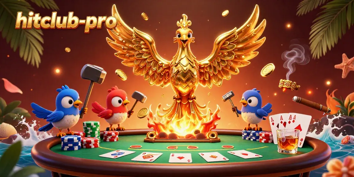 Engage with hitclub-pro's thrilling casino scene featuring a molten gold phoenix and poker elements.