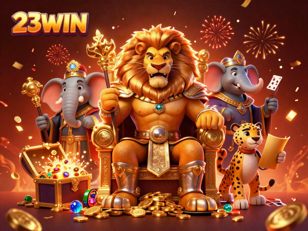 Experience thrilling adventures at 23WIN with our casino characters amidst gold treasures and vibrant games.