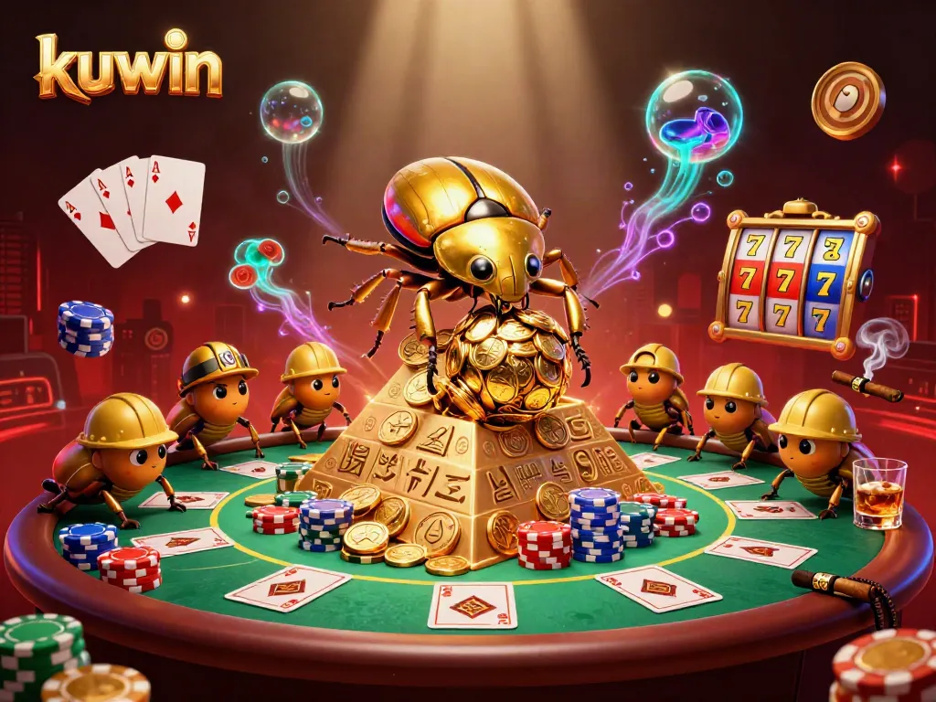 kuwin captures online gambling excitement with a 3D illustration of a golden beetle and thrilling casino elements.
