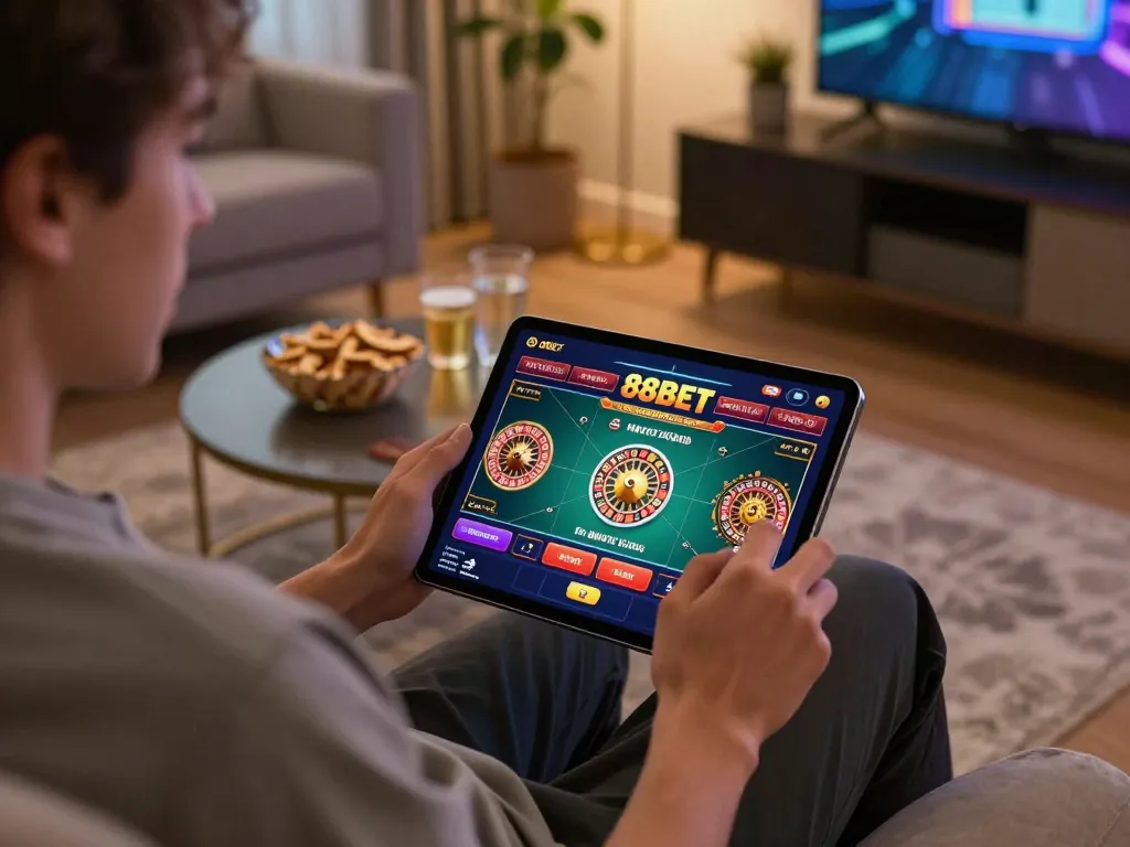 Engaging with the 88BET app for online gaming in a cozy setting while enjoying refreshments.