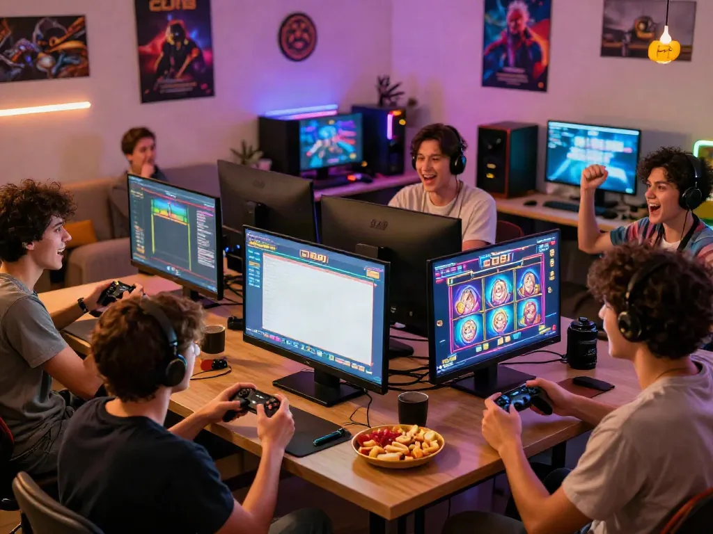 Friends enjoying C168 slot games in a lively gaming room atmosphere.
