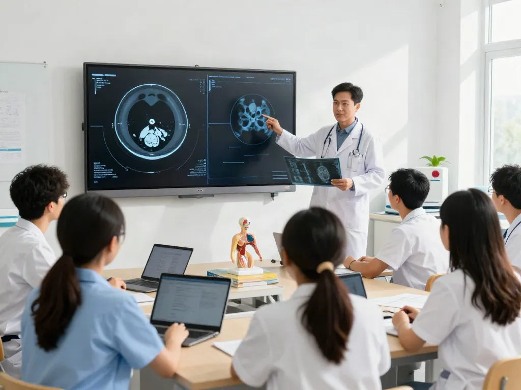 Medically-focused educational scene about ROKOK88, CT Scan, X-Ray, and MRI techniques in a bright classroom.