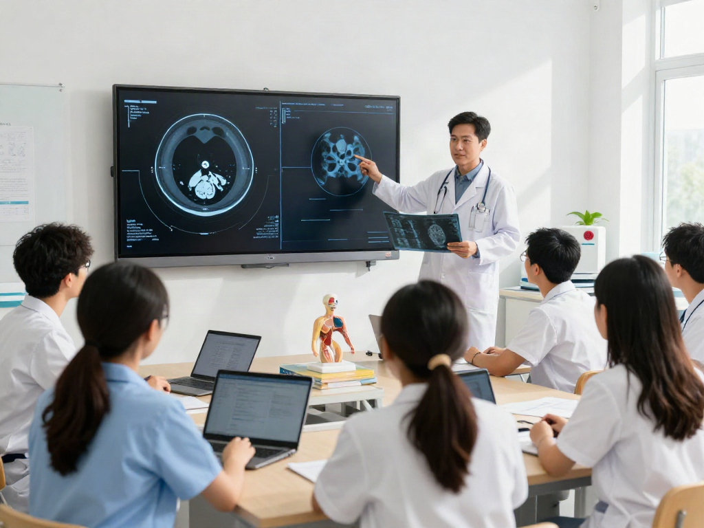 Medically-focused educational scene about ROKOK88, CT Scan, X-Ray, and MRI techniques in a bright classroom.