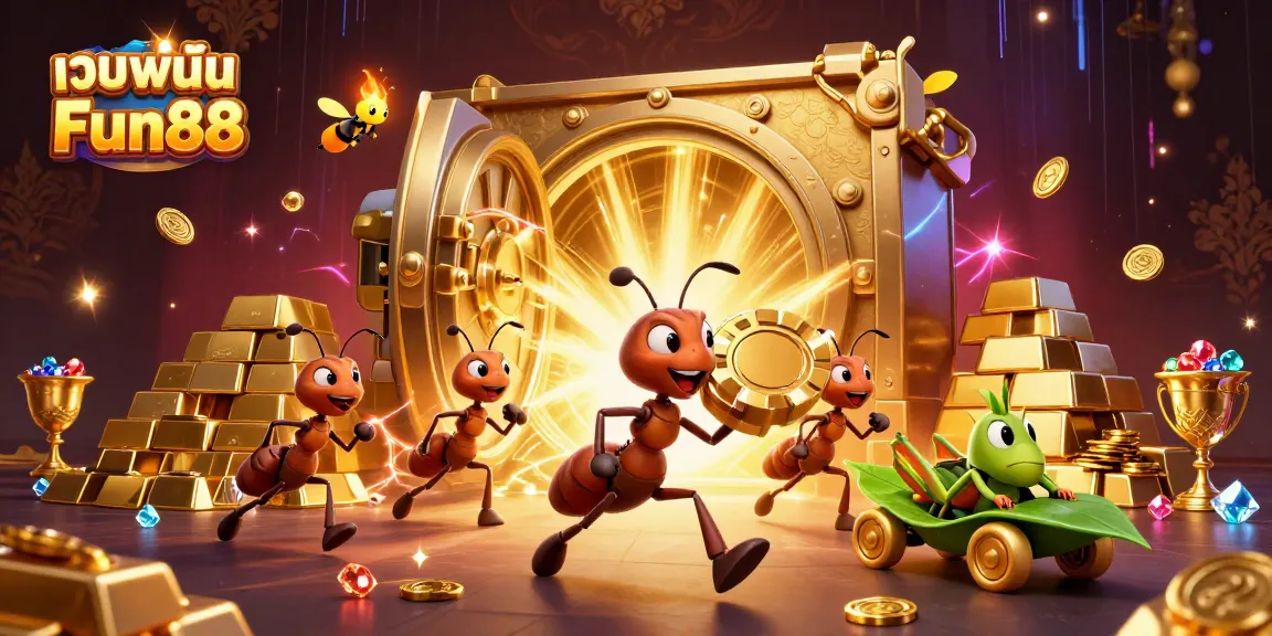 Experience exciting adventures at เว็บพนัน Fun88 with a dynamic illustration featuring ants on a heist.