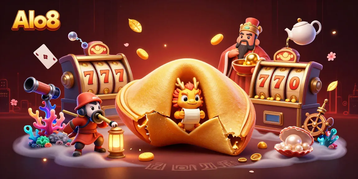 Alo8 presents a vibrant scene with a golden fortune cookie and dragon amidst slot machines and dynamic casino elements.