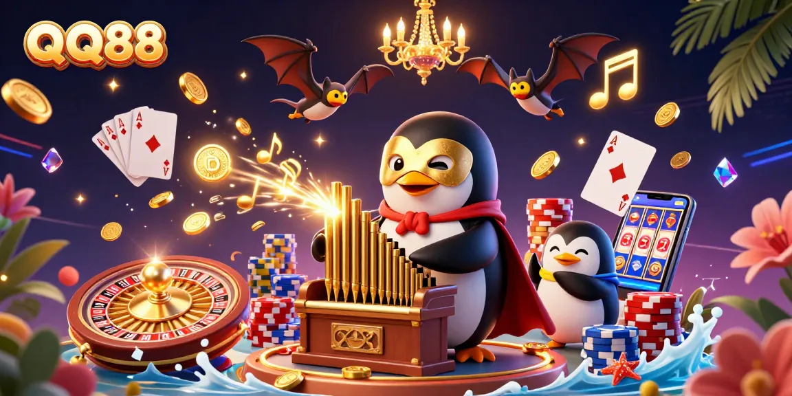 Engage with Casino Fun at QQ88 with vibrant games and gold coins flying in a dynamic illustration.