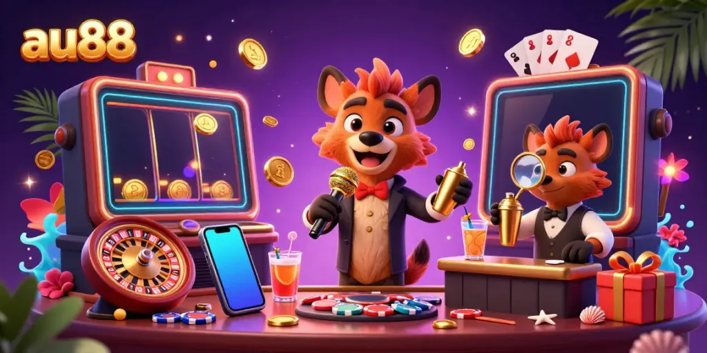 Engage with thrilling games at au88, featuring lively hyena characters in a vibrant casino scene.