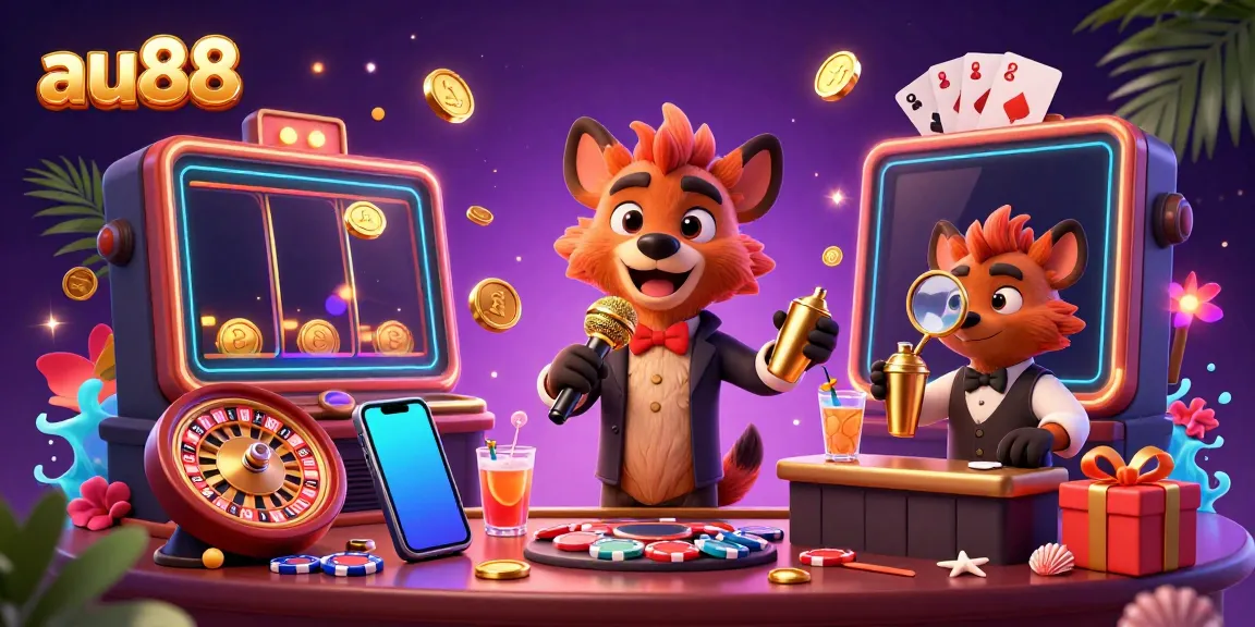 Engage with thrilling games at au88, featuring lively hyena characters in a vibrant casino scene.