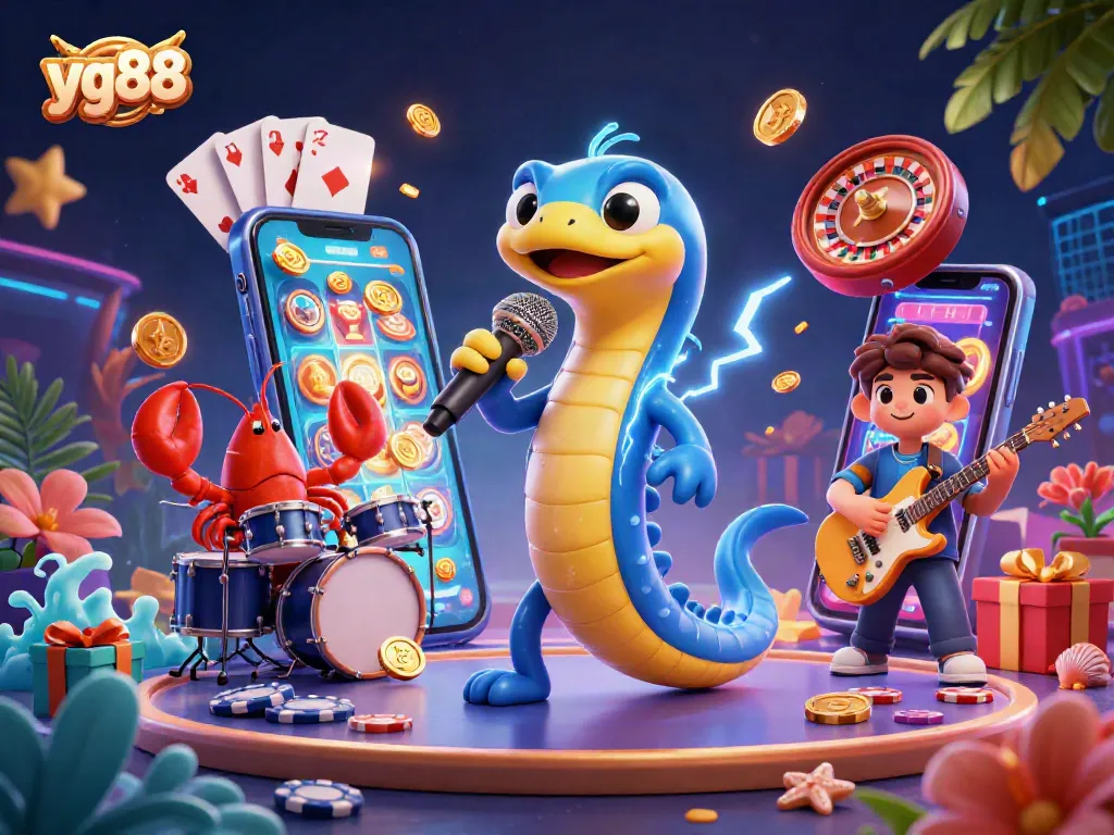 Engaging scene of the electric eel DJ performing at YG88's underwater casino, showcasing vibrant slot games and festive elements.