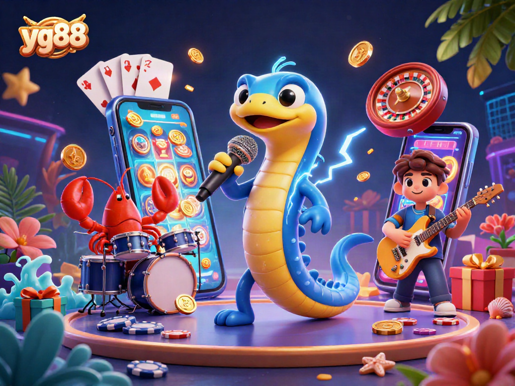 Engaging scene of the electric eel DJ performing at YG88's underwater casino, showcasing vibrant slot games and festive elements.