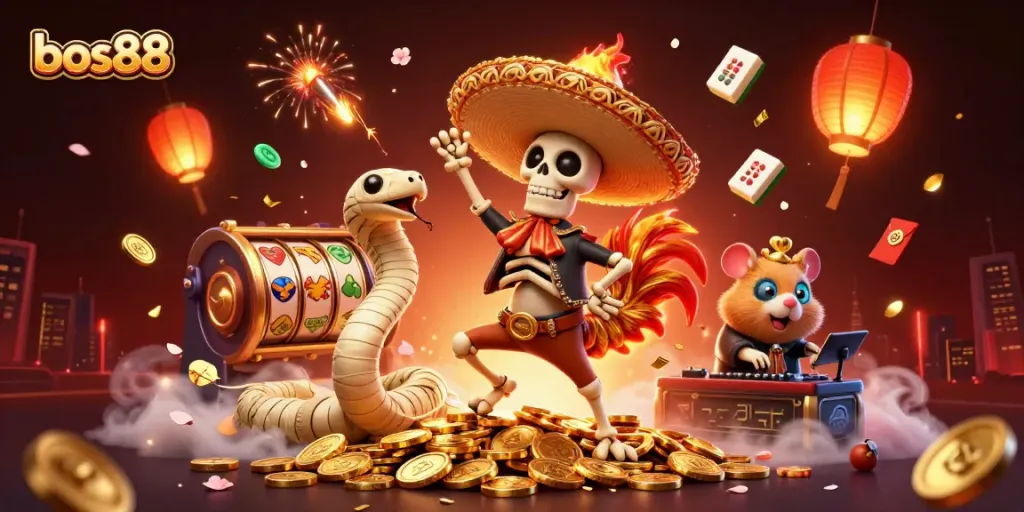 Experience the excitement of bos88 with a vibrant illustration featuring a dancing skeleton, a mummy, and a DJ hamster amidst dynamic casino elements.