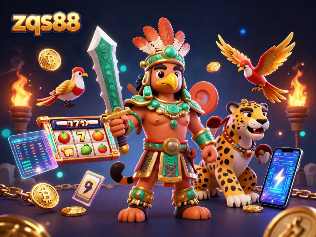 Experience the excitement of zqs88 casino with a vibrant 3D illustration of legendary warriors amidst slot games and crypto coins.