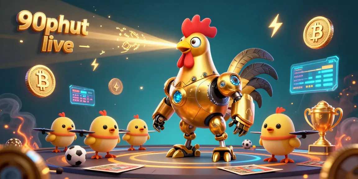 Experience exciting sports betting with 90phut live featuring a golden rooster robot and baby chick drones.