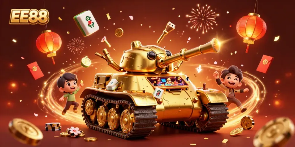 Experience excitement at EE88 with a 3D cartoon illustration of a golden beetle tank casino bursting with action.