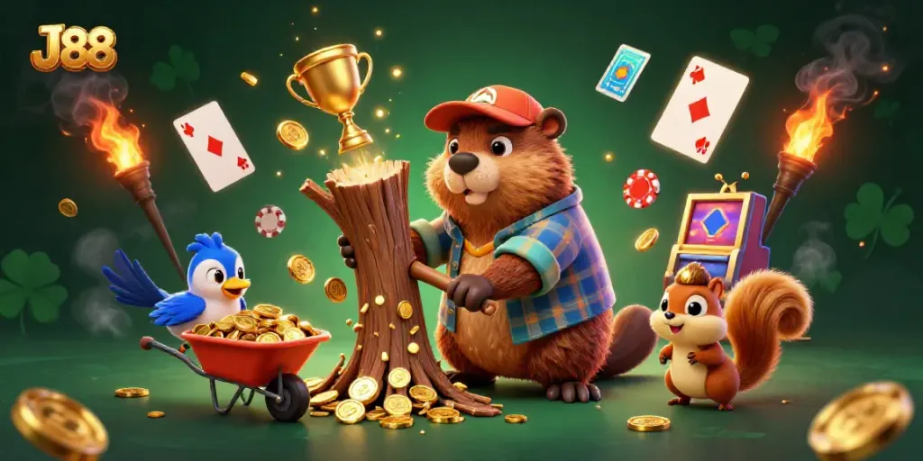 Experience excitement with J 88 as a playful beaver collects golden coins amid thrilling casino elements.