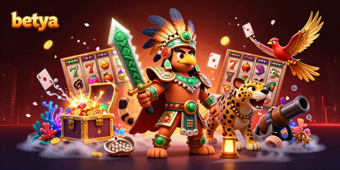 Experience thrilling wins with betya in a vibrant, action-filled casino illustration featuring unique characters.