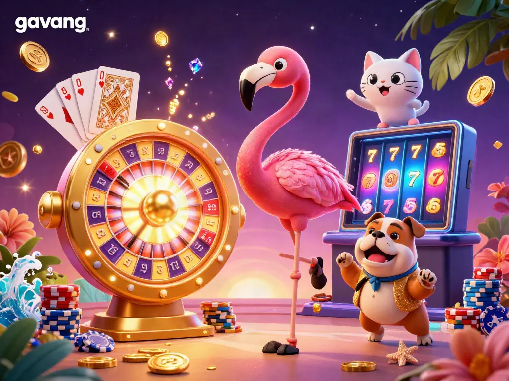 Celebrate big wins with Gavang as vibrant characters spin prizes and scatter gold coins.