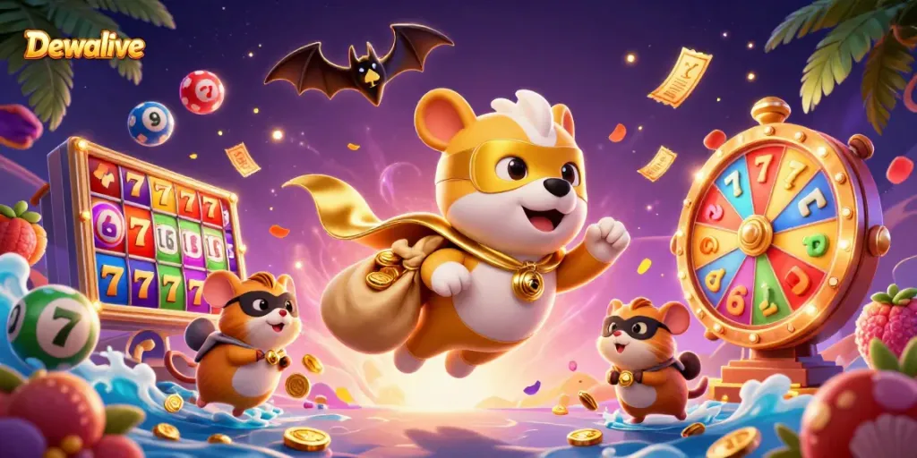 Dewalive engages players with vibrant slot reels and festive elements in a dynamic casino scene.