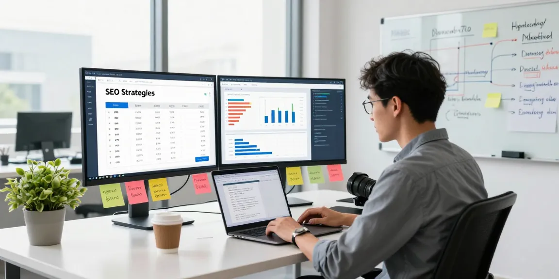 SEO expert analyzing pbn links dr70 performance metrics in a modern marketing workspace