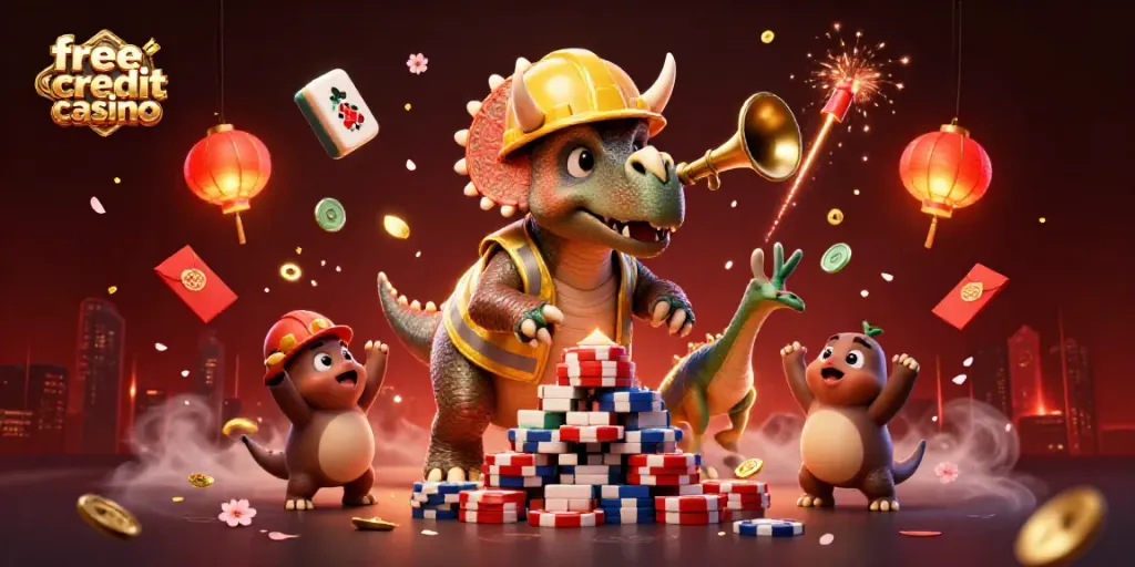Engage with the excitement of a free credit casino featuring playful dinosaur characters amidst festive celebration.