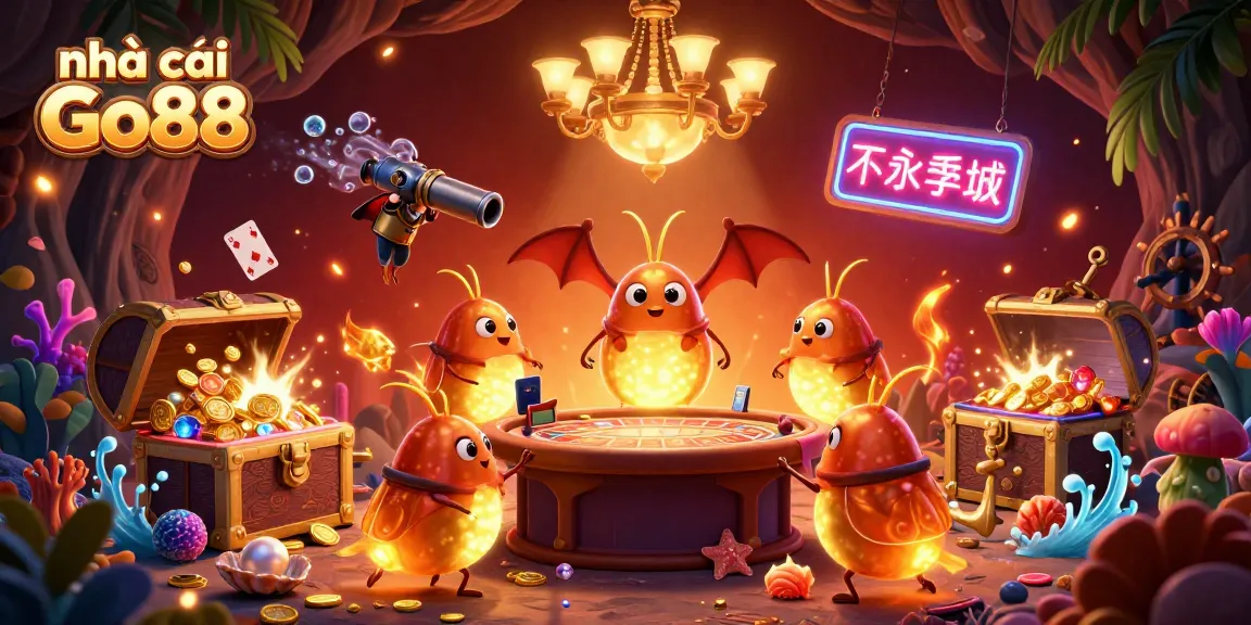 Engage with nhà cái Go88 as glowworms illuminate a lively casino scene with vibrant colors and rich gaming elements.