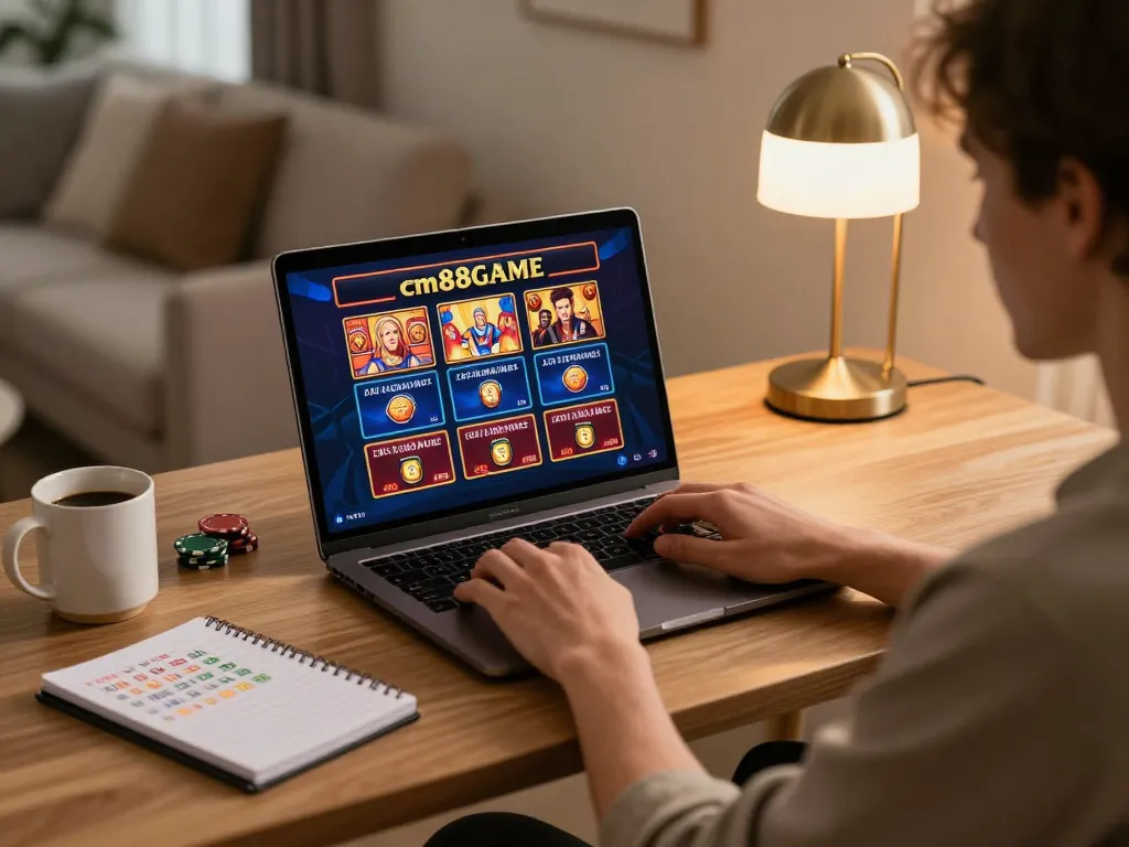 Player engaging in cm88game online gaming with a laptop, warm home setting showcasing responsible gambling