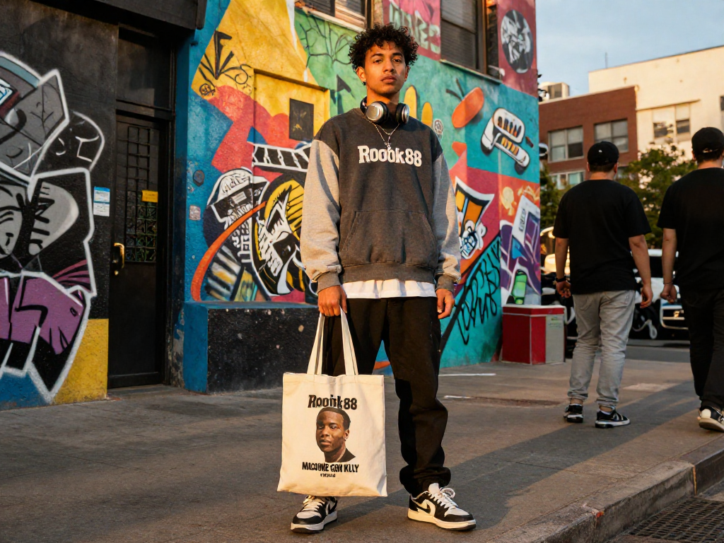 Youthful fashion scene featuring a rokok88 streetwear enthusiast in an urban setting with vibrant murals and trendy accessories.