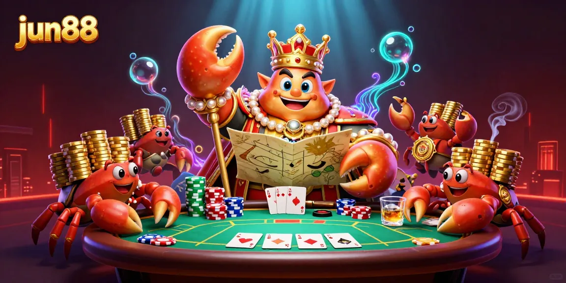 Engage in stunning games at jun88 featuring a golden crab emperor among poker elements.