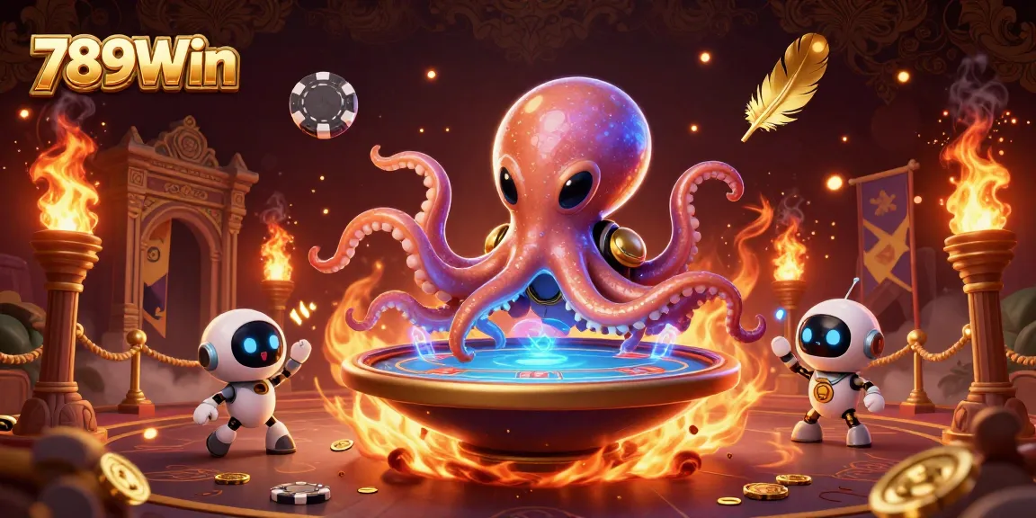 Play poker with 789Win as a space octopus uses holographic technology in a vibrant casino.