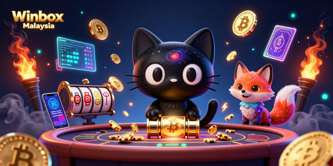 Winbox Malaysia showcases a cosmic casino scene with a black hole cat and a nebula fox interacting with glowing crypto elements.